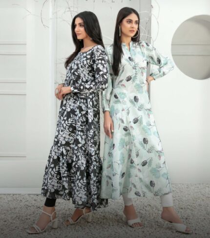 A model showcasing the Timeless Black Swiss Digital Print Maxi Kaftan, a blend of sophistication and comfort in one attire. Perfect for creating an elegant fashion statement