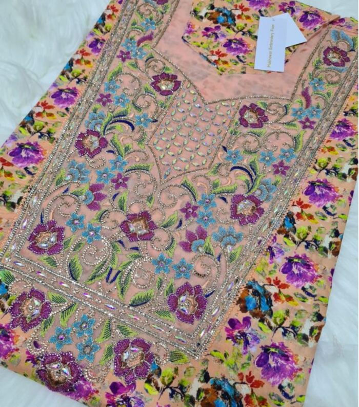 Peach Floral Print Mukhawar Embroidery With Stone Work