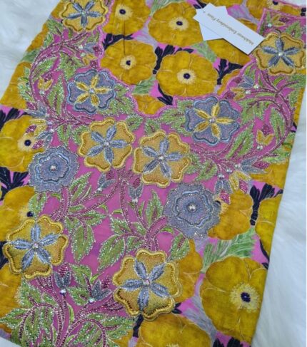 Mustard Floral Print Mukhawar Embroidery With Stone Work for Woman