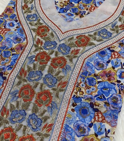 Blue Floral Print Mukhawar Embroidery With Stone Work