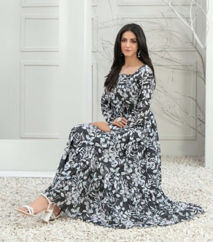 A model showcasing the Timeless Black Swiss Digital Print Maxi Kaftan, a blend of sophistication and comfort in one attire. Perfect for creating an elegant fashion statement