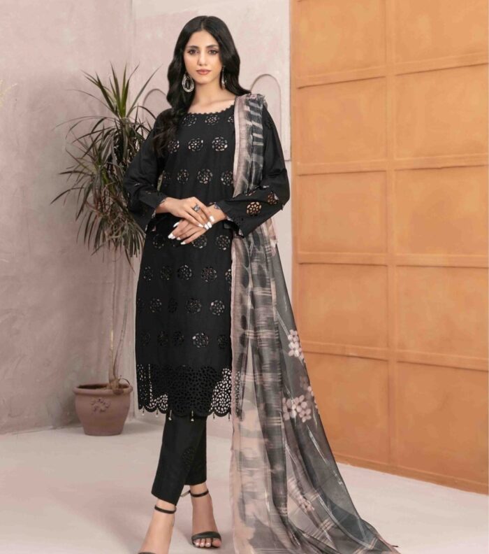 A model wearing a Black Cotton Schiffli Embroidered Fancy Dupatta Dress, showcasing its intricate details and timeless sophistication