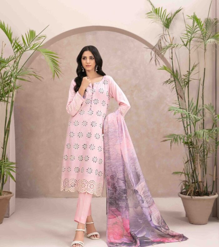 A model wearing a Light Peach Cotton Schiffli Embroidered Fancy Dupatta Dress, showcasing its intricate details and delicate charm
