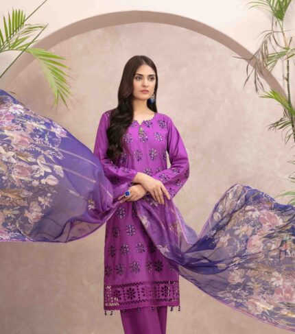 "Un modèle portant une robe Dupatta fantaisie brodée de Schiffli en coton violet, mettant en valeur ses détails complexes et son attrait royal