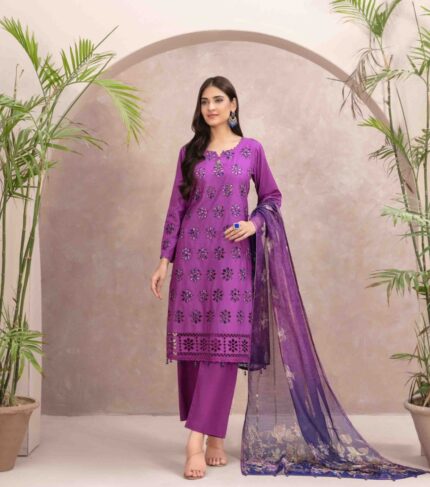 A model wearing a Purple Cotton Schiffli Embroidered Fancy Dupatta Dress, showcasing its intricate details and regal appeal.