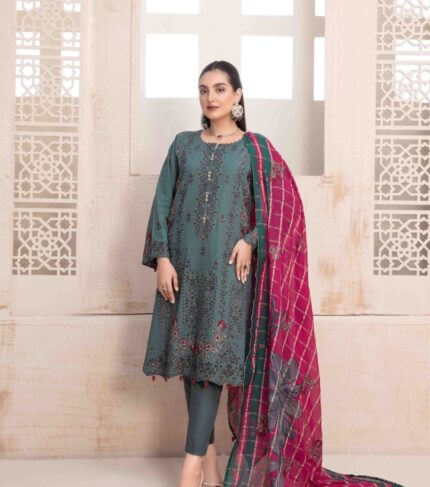Mate Green Embroidered Lawn Jacquard Dress with Mahroon Diamond Dupatta