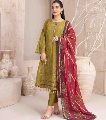 Deep Golden Dress with Red Embroidered Dupatta - Regal Glamour