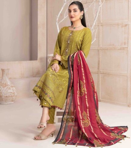 Deep Golden Dress with Red Embroidered Dupatta - Regal Glamour