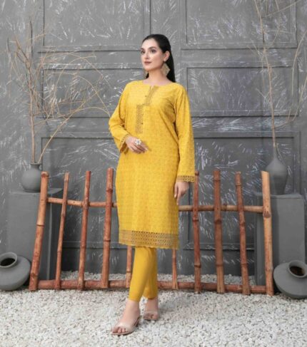 Deep Yellow Embroidered Cotton Shiftly Dress with Zaza Plain Trousers"