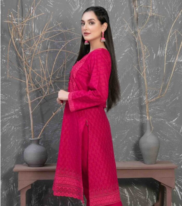 Red Embroidered Cotton Shiftly Dress with Zaza Plain Trousers