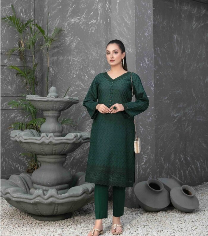 Deep Green Embroidered Cotton Shiftly Dress with Zaza Plain Trousers