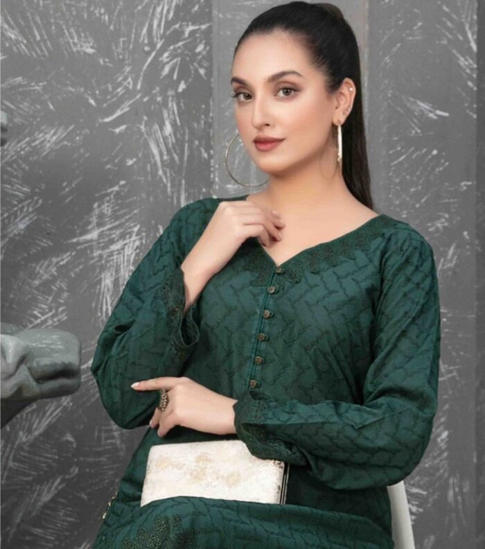 Deep Green Embroidered Cotton Shiftly Dress with Zaza Plain Trousers