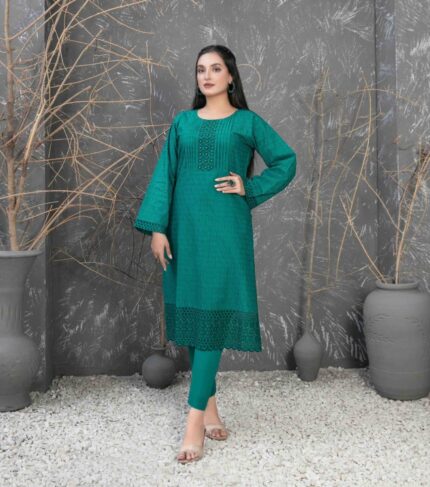 Deep Bottled Green Embroidered Cotton Shiftly Dress with Zaza Plain Trousers