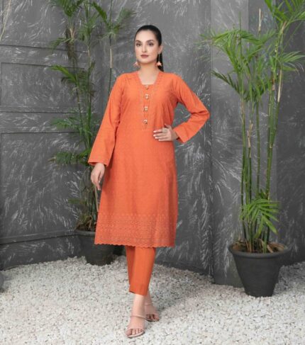 Orange Embroidered Cotton Shiftly Dress with Zaza Plain Trousers