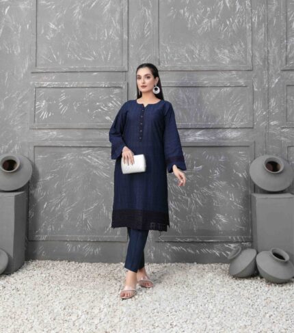 Navy Blue Embroidered Cotton Shiftly Dress with Zaza Plain Trousers
