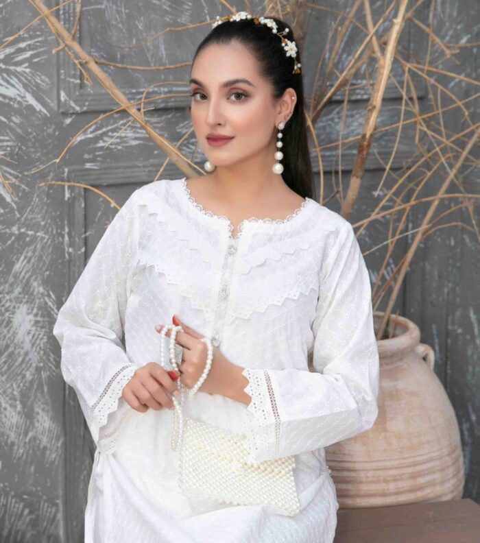 White Embroidered Cotton Shiftly Dress with Zaza Plain Trousers