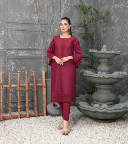 Maroon Embroidered Cotton Shiftly Dress with Zaza Plain Trousers