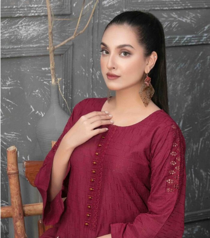 Maroon Embroidered Cotton Shiftly Dress with Zaza Plain Trousers